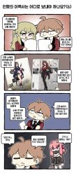 Rule 34 | 1boy, 2girls, 4koma, = =, ahoge, black jacket, black necktie, blonde hair, blue eyes, bolt action, breasts, brown hair, chibi, cleavage cutout, clip studio paint (medium), closed eyes, clothing cutout, coat, comic, commander (girls&#039; frontline), crossed arms, drawing (object), female commander (girls&#039; frontline), girls&#039; frontline, griffin &amp; kryuger military uniform, gun, hair between eyes, hair ornament, hairclip, hand on own chin, headphones, highres, holding, holding drawing, holding gun, holding weapon, jacket, jitome, k31, k31 (girls&#039; frontline), korean text, large breasts, long hair, looking up, madcore, medium breasts, multicolored eyes, multiple girls, necktie, official alternate costume, open mouth, pink eyes, pink hair, purple eyes, red coat, rifle, short hair, slit pupils, smile, stroking own chin, translation request, weapon