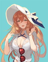 Rule 34 | 1girl, bad id, bad pixiv id, blouse, blush, breasts, brown hair, cleavage, girls&#039; frontline, green eyes, hair between eyes, hat, large breasts, laurelfalcon, long hair, official alternate costume, open mouth, shirt, smile, solo, springfield (girls&#039; frontline), springfield (stirring mermaid) (girls&#039; frontline), swimsuit, swimsuit under clothes, white shirt