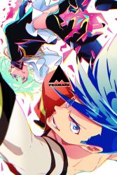 Rule 34 | 2boys, belt, black gloves, black jacket, blue eyes, blue hair, ascot, fire, galo thymos, gloves, green hair, half gloves, highres, jacket, lio fotia, looking at viewer, male focus, multiple boys, open mouth, pectorals, promare, purple eyes, saamon (dream81come), topless male, smile, spiked hair, upside-down, white background