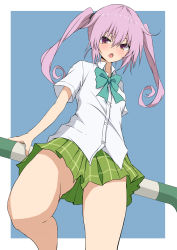 Rule 34 | 1girl, blouse, blue background, blush, collared shirt, from below, green skirt, highres, legs, long hair, looking down, mosui (kori can), nana asta deviluke, open mouth, pink eyes, pink hair, plaid, plaid skirt, school uniform, shirt, short sleeves, simple background, skirt, solo, thighs, to love-ru, to love-ru darkness, twintails, white shirt