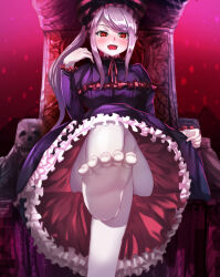Rule 34 | 1girl, bare legs, barefoot, black dress, blush, bow, breasts, commentary request, dress, dress tug, fangs, feet, foot focus, foot out of frame, frilled dress, frills, gothic lolita, hair bow, hand up, highres, jinsai sa sa, large breasts, legs, lolita fashion, long hair, looking at viewer, medium breasts, open mouth, overlord (maruyama), pale skin, pink hair, ponytail, red eyes, shalltear bloodfallen, sitting, slit pupils, smile, soles, solo, striped, striped bow, throne, toenails, toes, upskirt, vampire, very long hair