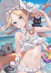 Rule 34 | 1girl, :o, abigail williams (fate), abigail williams (swimsuit foreigner) (fate), abigail williams (swimsuit foreigner) (third ascension) (fate), animal, arm up, artist name, bare arms, bare shoulders, bikini, black cat, blonde hair, blue eyes, blue sky, blush, bow, bowtie, braid, cat, cloud, collarbone, commentary request, cowboy shot, day, fate/grand order, fate (series), flat chest, floating hair, forehead, groin, hakuda tofu, head tilt, heart, highres, innertube, long hair, looking at viewer, multiple bows, navel, ocean, open mouth, outdoors, parted bangs, parted lips, sidelocks, sky, solo, stomach, striped, swim ring, swimsuit, upper body, very long hair, white bow, white bowtie