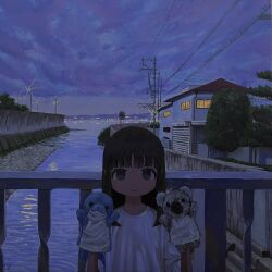 Rule 34 | 1girl, bay, black eyes, black hair, blue sky, blunt bangs, blunt ends, city lights, closed mouth, cloud, cloudy sky, diffraction spikes, dusk, gradient sky, hand puppet, hands up, highres, horizon, house, lamppost, levee, long hair, looking at viewer, mountainous horizon, original, outdoors, power lines, puppet, railing, reflection, reflective water, river, sa1bi, shirt, short sleeves, sky, smile, solo, straight-on, stuffed koala, t-shirt, tree, upper body, utility pole, wall, water, white shirt
