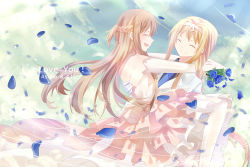 Rule 34 | 2girls, absurdres, alice zuberg, asuna (sao), backless dress, backless outfit, blonde hair, blue flower, blue neckwear, blue rose, bouquet, braid, brown hair, carrying, character name, chinese commentary, closed eyes, commentary request, dress, elbow gloves, english text, facing another, flower, gloves, hairband, highres, long hair, multiple girls, necktie, open mouth, petals, princess carry, rose, smile, sword art online, very long hair, walluka, wedding, wedding dress, white gloves, wife and wife, yuri