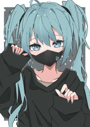 Rule 34 | 1girl, ahoge, black shirt, blouse, blue eyes, blue hair, blue nails, blush, collarbone, grey background, hair between eyes, hands up, hatsune miku, highres, long sleeves, mask, maud0239, mouth mask, nail polish, pinching sleeves, puffy long sleeves, puffy sleeves, shirt, sleeves past wrists, solo, twintails, two-tone background, vocaloid, white background