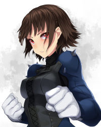 Rule 34 | 1girl, biker clothes, bodysuit, braid, brown hair, clenched hands, corset, crown braid, fighting stance, gloves, highres, long sleeves, looking at viewer, nemu (nebusokugimi), niijima makoto, parted lips, persona, persona 5, red eyes, scarf, short hair, shoulder spikes, simple background, solo, spikes, upper body, white gloves