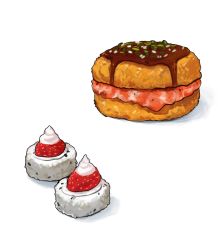 Rule 34 | burger, cream, fish, fish (food), food, food focus, fruit, highres, makizushi, no humans, ocatg, original, rice, sauce, simple background, spring onion, still life, strawberry, sushi, white background