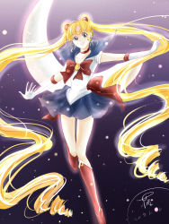 Rule 34 | 10s, 1990s (style), 1girl, 2013, :d, bishoujo senshi sailor moon, blonde hair, blue eyes, blue sailor collar, blue skirt, boots, bow, choker, crescent moon, dated, drill hair, elbow gloves, gloves, highres, knee boots, long hair, moon, open mouth, outstretched arms, red bow, red footwear, sailor collar, sailor moon, sakura12140814, signature, skirt, smile, solo, spread arms, tsukino usagi, twintails, very long hair, white gloves