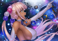 Rule 34 | 1girl, asteroid, breasts, brown eyes, crack, crazypen, earth (planet), elbow gloves, giant, giantess, gloves, hair ornament, highres, hololive, hololive english, large breasts, long hair, planet, planet hair ornament, pointing, sideboob, sky, space, star (sky), starry sky, tsukumo sana, tsukumo sana (1st costume), twintails, usaslug (tsukumo sana), virtual youtuber, white hair