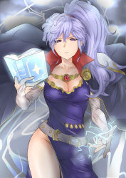Rule 34 | 1girl, absurdres, book, breasts, bridal gauntlets, cleavage, electricity, fire emblem, fire emblem: genealogy of the holy war, fire emblem heroes, gloves, hana-ko (kahun9893), highres, ishtar (fire emblem), jewelry, looking at viewer, nintendo, ponytail, purple eyes, purple hair, solo