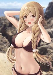 Rule 34 | 1girl, bare arms, bare shoulders, bikini, blurry, blurry background, blush, braid, breasts, brown bikini, brown eyes, cleavage, collarbone, day, groin, highres, ichikawa feesu, kantai collection, large breasts, light brown hair, long hair, minegumo (kancolle), navel, open mouth, smile, solo, swimsuit, twin braids, upper body