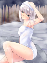 Rule 34 | 10s, 1girl, arm up, armpits, bad id, bad pixiv id, bare legs, blue eyes, blush, breasts, covered erect nipples, from side, girls und panzer, grey hair, half-closed eyes, hand on own head, head tilt, highres, itsumi erika, naked towel, nksk, onsen, outdoors, short hair, sitting, small breasts, solo, towel, towel on head, wet, wet hair