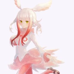 Rule 34 | 10s, 1girl, :o, bird tail, blunt bangs, blush, buttons, cowboy shot, drawstring, expressionless, frilled sleeves, frills, from side, gradient hair, grey background, hand on own chest, head wings, inumoto, japanese crested ibis (kemono friends), kemono friends, leg lift, long sleeves, looking at viewer, mary janes, multicolored hair, no gloves, outstretched arm, pantyhose, pleated skirt, red pantyhose, red skirt, shirt, shoes, short hair, short hair with long locks, sidelocks, simple background, skirt, solo, tail, tsurime, two-tone hair, white hair, white shirt, wide sleeves, wings, yellow eyes