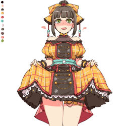 Rule 34 | 1girl, bare shoulders, black hair, blunt bangs, bow, breasts, breath, choker, clothes lift, color guide, cowboy shot, dress, dress lift, frilled dress, frills, green eyes, hair bow, hamaguchi ayame, idolmaster, idolmaster cinderella girls, idolmaster cinderella girls starlight stage, lifting own clothes, looking afar, medium breasts, orange dress, plaid, plaid dress, ponytail, puffy short sleeves, puffy sleeves, pussy juice, sex toy, short sleeves, sidelocks, simple background, solo, standing, sweat, tearing up, toriga naku, vibrator, vibrator cord, vibrator in thigh strap, vibrator under clothes, white background, wristband