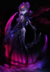Rule 34 | 1girl, :d, artist name, ass, bare shoulders, black background, blood, breasts, colored skin, evelynn (league of legends), finger to mouth, fingernails, from behind, full body, hair between eyes, highres, league of legends, legs, looking at viewer, looking back, medium breasts, multicolored hair, open mouth, pink hair, scythe, sharp fingernails, sideboob, simple background, smile, solo, standing, steve zheng, two-tone hair, watermark, web address, white hair, white skin, yellow eyes