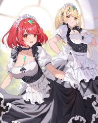 Rule 34 | 2girls, apron, black choker, blonde hair, breasts, choker, cleavage, dress, female focus, gloves, highres, large breasts, long hair, maid, maid headdress, multiple girls, mythra (xenoblade), open mouth, pyra (xenoblade), racket ti1, red hair, short hair, yellow eyes