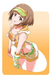 Rule 34 | 1girl, :p, arm support, bracelet, brown eyes, brown hair, choker, collarbone, crop top, detached sleeves, hair ornament, hairclip, hige (com), hood, hooded jacket, idolmaster, idolmaster cinderella girls, jacket, jewelry, kitami yuzu, leaning forward, looking at viewer, midriff, short hair, short shorts, shorts, single sleeve, sleeveless, sleeveless jacket, solo, standing, suspender shorts, suspenders, tongue, tongue out, white shorts, wristband, yellow jacket