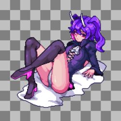 Rule 34 | 1girl, breasts, closed mouth, copyright request, depmin, horns, looking to the side, pixel art, purple eyes, purple hair, simple background, small breasts, solo