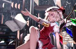 Rule 34 | 1girl, ascot, bare legs, blonde hair, book, bookshelf, flandre scarlet, floating, floating object, hair between eyes, hat, highres, juliet sleeves, library, long sleeves, mob cap, open book, open mouth, outstretched arm, puffy sleeves, red eyes, red skirt, red vest, ryosios, shadow, short hair, short sleeves, side ponytail, skirt, solo, touhou, vest, voile, white hat, wings, yellow ascot