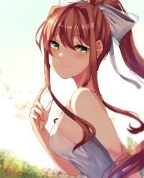 Rule 34 | 1girl, bare arms, bare shoulders, blurry, blurry background, blush, bow, breasts, brown hair, closed mouth, commentary, day, doki doki literature club, dress, green eyes, hair bow, hair intakes, hand up, janineuy09, long hair, looking at viewer, medium breasts, monika (doki doki literature club), outdoors, pointing, pointing at self, ponytail, sideboob, sidelocks, sleeveless, sleeveless dress, smile, solo, upper body, white dress