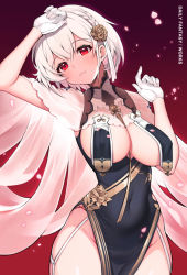 Rule 34 | 1girl, absurdres, arm up, azur lane, blush, braid, breast curtains, breasts, china dress, chinese clothes, cleavage, closed mouth, covered navel, dress, floral print, flower, garter straps, gloves, gradient background, grey dress, hair between eyes, hair flower, hair ornament, half gloves, highres, large breasts, looking at viewer, neckwear between breasts, pelvic curtain, petals, red background, red eyes, revealing clothes, see-through, short hair, side braid, side slit, sideboob, silver hair, sirius (azur lane), sirius (azure horizons) (azur lane), smile, solo, sosai salada, thighhighs, thighs, white gloves, white thighhighs