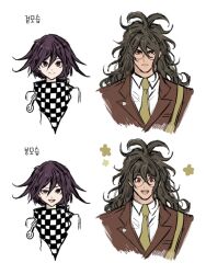 Rule 34 | 2boys, :d, antenna hair, brown hair, brown jacket, checkered clothes, checkered scarf, closed mouth, collared shirt, cropped torso, danganronpa (series), danganronpa v3: killing harmony, flipped hair, gaenong, glasses, gokuhara gonta, green necktie, grin, hair between eyes, jacket, long hair, looking at viewer, male focus, messy hair, multiple boys, multiple views, necktie, oma kokichi, open mouth, round eyewear, scarf, shirt, smile, white jacket, white shirt