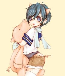 Rule 34 | 1boy, animal ears, blue eyes, blue hair, child, kaito (vocaloid), looking at viewer, male focus, matching hair/eyes, pig ears, pig tail, scarf, short hair, solo, stuffed animal, stuffed toy, tail, vocaloid