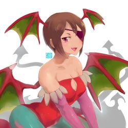 Rule 34 | 1girl, bare shoulders, bat wings, breasts, brown hair, capcom, cleavage, cleavage cutout, clothing cutout, cosplay, emale, eyepatch, fang, han juri, head wings, highres, leotard, lilith aensland, lilith aensland (cosplay), medium breasts, open mouth, pantyhose, purple eyes, short hair, smile, solo, street fighter, vampire (game), wings