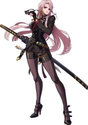 Rule 34 | 1girl, absurdres, artist request, black gloves, black pantyhose, black shorts, blood, breasts, cleavage, dnf duel, dungeon and fighter, full body, glasses, gloves, high heels, highres, holding, holding sword, holding weapon, katana, large breasts, long hair, looking at viewer, official art, pantyhose, pantyhose under shorts, pink hair, red eyes, red lips, shorts, solo, spectre (dungeon and fighter), sword, transparent background, very long hair, weapon