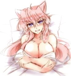 Rule 34 | 1girl, bed sheet, blue eyes, blush, breasts, cleavage, large breasts, long hair, looking at viewer, lying, maria cadenzavna eve, on back, open mouth, pillow, pink hair, senki zesshou symphogear, solo, suga leon