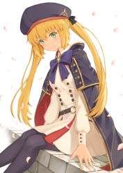 Rule 34 | 1girl, absurdres, artoria caster (fate), artoria caster (second ascension) (fate), artoria pendragon (fate), belt, black pantyhose, blonde hair, blue bow, blue bowtie, blue cape, blue hat, blush, bow, bowtie, brooch, buttons, cape, closed mouth, double-breasted, dress, fate/grand order, fate (series), green eyes, hat, highres, jewelry, long hair, long sleeves, looking at viewer, pantyhose, piisu, pleated dress, short dress, sitting, sleeve cuffs, smile, solo, twintails, two-sided cape, two-sided fabric, white dress