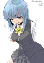 Rule 34 | 1girl, absurdres, alternate breast size, blue eyes, blue hair, bow, bowtie, breasts, commentary request, dress shirt, grey skirt, grey vest, hatsukaze (kancolle), highres, hime cut, kantai collection, marusa (marrusa), medium breasts, one-hour drawing challenge, pleated skirt, school uniform, shirt, signature, simple background, skirt, solo, twitter username, vest, white background, white hair, white shirt, yellow bow, yellow bowtie