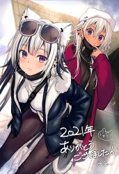 Rule 34 | 2021, 2girls, absurdres, animal ears, black jacket, black pantyhose, blurry, blush, cat ears, cat tail, closed mouth, comiket, cross, depth of field, eyewear on head, fur-trimmed jacket, fur trim, grey hair, hair ornament, hand in pocket, hat, highres, jacket, jewelry, kurebayashi noe, leaning forward, long hair, looking at viewer, mask, mask pull, multiple girls, necklace, open clothes, open jacket, original, outdoors, pantyhose, piercing, purple eyes, red jacket, standing, sunglasses, tail, turtleneck