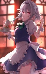 Rule 34 | 1girl, apron, blue skirt, blue vest, blurry, blurry background, bow, braid, buttons, collared shirt, cup, frilled apron, frilled skirt, frills, green bow, grey hair, hair between eyes, hair bow, highres, holding, izayoi sakuya, maid, maid apron, maid headdress, open mouth, puffy short sleeves, puffy sleeves, red eyes, shirt, short hair, short sleeves, skirt, solo, torimarururu, touhou, twin braids, twitter username, vest, waist apron, white apron, white shirt, wrist cuffs