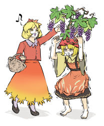 Rule 34 | aki minoriko, aki shizuha, apron, barefoot, basket, black skirt, blonde hair, clenched teeth, food, food-themed hair ornament, food themed hair ornament, fruit, grape hair ornament, grapes, hair ornament, highres, leaf hair ornament, long sleeves, musical note, open mouth, peroponesosu., red shirt, shirt, shoes, short hair, siblings, simple background, sisters, skirt, spoken musical note, steam from mouth, sweatdrop, teeth, touhou, trembling, white background, wide sleeves, yellow eyes, yellow shirt
