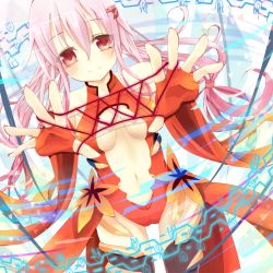 Rule 34 | 10s, 1girl, bare shoulders, black legwear, breasts, cat&#039;s cradle, center opening, cleavage, detached sleeves, elbow gloves, fingerless gloves, gloves, guilty crown, hair ornament, hairclip, long hair, looking at viewer, navel, nichi 0, pink hair, red eyes, smile, solo, string, twintails, yuzuriha inori