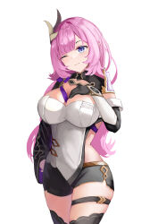 Rule 34 | 1girl, absurdres, ban tang, black gloves, black shorts, blue eyes, breasts, cleavage, closed mouth, clothing cutout, detached sleeves, elf, elysia (honkai impact), elysia (miss pink elf) (honkai impact), gloves, hair between eyes, hair ornament, highres, honkai (series), honkai impact 3rd, large breasts, long hair, looking at viewer, one eye closed, pink hair, pink pupils, pointy ears, shirt, short shorts, shorts, side cutout, solo, thighhighs, thighs, white background, white shirt, zettai ryouiki