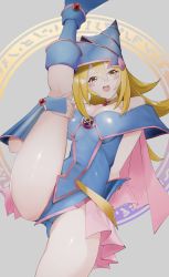 Rule 34 | 1girl, absurdres, ankle boots, ass, bare shoulders, blonde hair, blue footwear, blue hat, blush, blush stickers, boots, breasts, cleavage, dark magician girl, duel monster, flexible, green eyes, hair between eyes, hand on own knee, hat, highres, kataku musou, large breasts, leg up, long hair, long sleeves, looking at viewer, magical girl, off shoulder, open mouth, pentagram, pink skirt, shorts, skirt, smile, solo, split, standing, standing on one leg, standing split, thigh boots, thighhighs, wizard hat, yu-gi-oh!