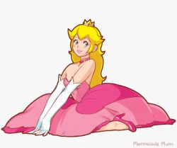 Rule 34 | 1girl, artist name, bare shoulders, blonde hair, blue eyes, breasts, choker, closed mouth, collarbone, crown, dress, elbow gloves, eyelashes, from side, full body, gloves, heart, high heels, lips, long dress, long hair, looking away, mario (series), marmalade mum, medium breasts, nintendo, pink choker, pink dress, pink footwear, pink lips, princess, princess peach, simple background, sitting, smile, solo, strapless, strapless dress, super mario bros. 1, wariza, white background, white gloves