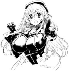 Rule 34 | 10s, 1girl, atago (kancolle), breasts, greyscale, huge breasts, kantai collection, kazumi yoshiyuki, long hair, looking at viewer, monochrome, pointing, pointing at viewer, simple background, smile, solo, translated, white background