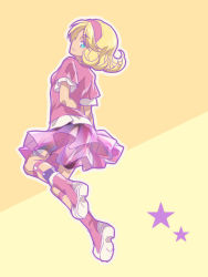 Rule 34 | 1girl, blonde hair, blouse, blue eyes, breasts, commentary request, kanikame, orange background, pink shirt, rosemary, saga, saga frontier, see-through, shirt, short hair, solo, yellow background