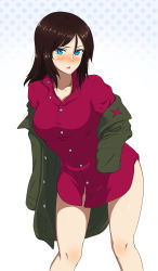 Rule 34 | 1girl, ada badguy, black hair, blue eyes, clothes pull, frown, girls und panzer, gradient background, green jacket, highres, jacket, jacket pull, leaning forward, long hair, long sleeves, looking at viewer, no pants, nonna (girls und panzer), notice lines, off shoulder, open mouth, polka dot, polka dot background, pravda school uniform, red shirt, school uniform, shirt, solo, standing, swept bangs, turtleneck, undressing