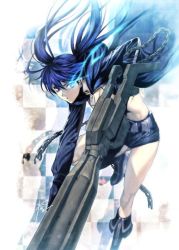 Rule 34 | 10s, 1girl, arm cannon, bikini, bikini top only, black hair, black rock shooter, black rock shooter (character), blue eyes, boots, chain, female focus, glowing, glowing eyes, homare (fool&#039;s art), long hair, scar, shorts, solo, swimsuit, twintails, weapon