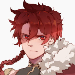 Rule 34 | 1boy, alexander (fate), ancient greek clothes, braid, cape, close-up, commentary, fate/grand order, fate (series), frown, fur trim, greco-roman clothes, guoguo, hair between eyes, male focus, red eyes, red hair, simple background, single braid, solo, white background