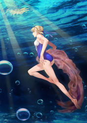 Rule 34 | 1girl, adapted costume, ahoge, alternate costume, artoria pendragon (all), artoria pendragon (fate), blonde hair, bubble, fate/stay night, fate (series), freediving, green eyes, hair ribbon, highres, lipstick, makeup, one-piece swimsuit, prettyblue88, ribbon, saber (fate), solo, swimming, swimsuit, underwater