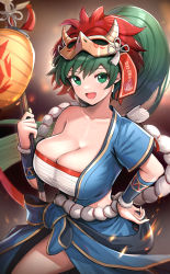 Rule 34 | 1girl, :d, absurdres, bandages, blue shirt, blue skirt, blush, breasts, chest sarashi, cleavage, collarbone, commentary, cowboy shot, fire, fire emblem, fire emblem: the blazing blade, fire emblem heroes, gonzarez, green eyes, green hair, hand on own hip, hand up, highres, holding, huge breasts, long hair, looking at viewer, lyn (fire emblem), mask, mask on head, nintendo, official alternate costume, open mouth, ponytail, sarashi, shirt, single-shoulder shirt, single bare shoulder, single sleeve, skirt, smile, solo, standing, strapless, tube top, very long hair