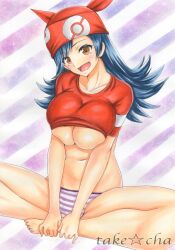 Rule 34 | 1girl, artist name, bandana, barefoot, blue hair, breasts, breasts squeezed together, clothes lift, covering crotch, covering privates, creatures (company), crossed legs, game freak, highres, large breasts, lisa (pokemon), long hair, looking at viewer, nintendo, no bra, open mouth, panties, pokemon, pokemon (anime), pokemon (classic anime), pokemon 3: the movie - spell of the unown: entei, red shirt, shiny skin, shirt, shirt lift, sitting, striped clothes, striped panties, sweatdrop, takecha, thick thighs, thighs, tight clothes, tight shirt, traditional media, underwear, watermark, wide hips
