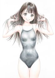 Rule 34 | 1girl, akebi-chan no serafuku, akebi komichi, arms up, black one-piece swimsuit, brown eyes, brown hair, cameltoe, competition swimsuit, cowboy shot, facing viewer, grin, hat, highres, hiro (dismaless), holding, holding clothes, holding hat, holding own hair, long hair, looking at viewer, one-piece swimsuit, simple background, smile, solo, swimsuit, thigh gap, traditional media, white background