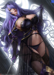 Rule 34 | 1girl, adapted costume, artist name, black thighhighs, breasts, camilla (fire emblem), cleavage, fire emblem, fire emblem fates, garter straps, gloves, hair over one eye, hand in own hair, holding, holding weapon, lace, lace-trimmed legwear, lace trim, large breasts, limgae, long hair, midriff, navel, nintendo, panties, parted lips, patreon username, purple gloves, purple hair, revealing clothes, solo, stomach, strap, thighhighs, tiara, underwear, very long hair, watermark, wavy hair, weapon, web address, window