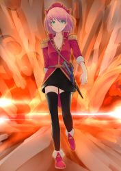 Rule 34 | 1girl, belt, black thighhighs, breasts, cannoneer, chienon, explosion, final fantasy, final fantasy v, green eyes, hat, highres, lenna charlotte tycoon, miniskirt, pink hair, pirate hat, shoes, short hair, skirt, solo, sword, thighhighs, v-neck, weapon, zettai ryouiki